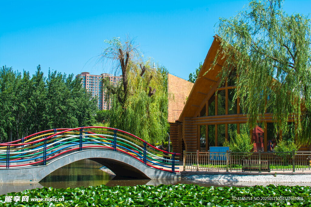 湖畔彩桥与别致建筑景观