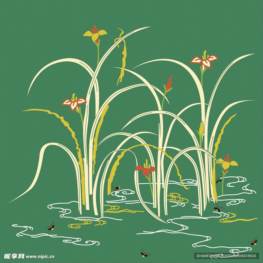 水墨风池塘鸢尾花草图