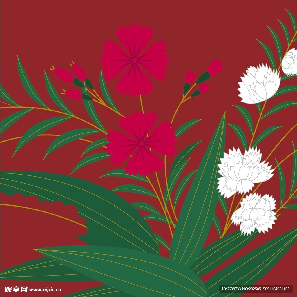 红色背景上的多彩花卉图案