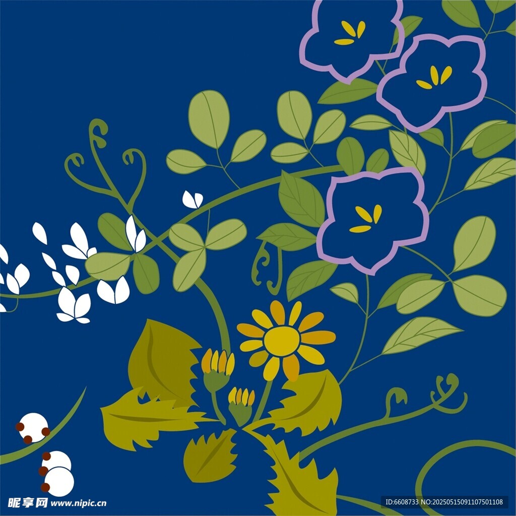 蓝色背景花卉植物插画
