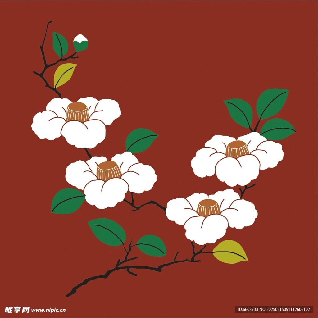 中式红花绿叶枝头插画