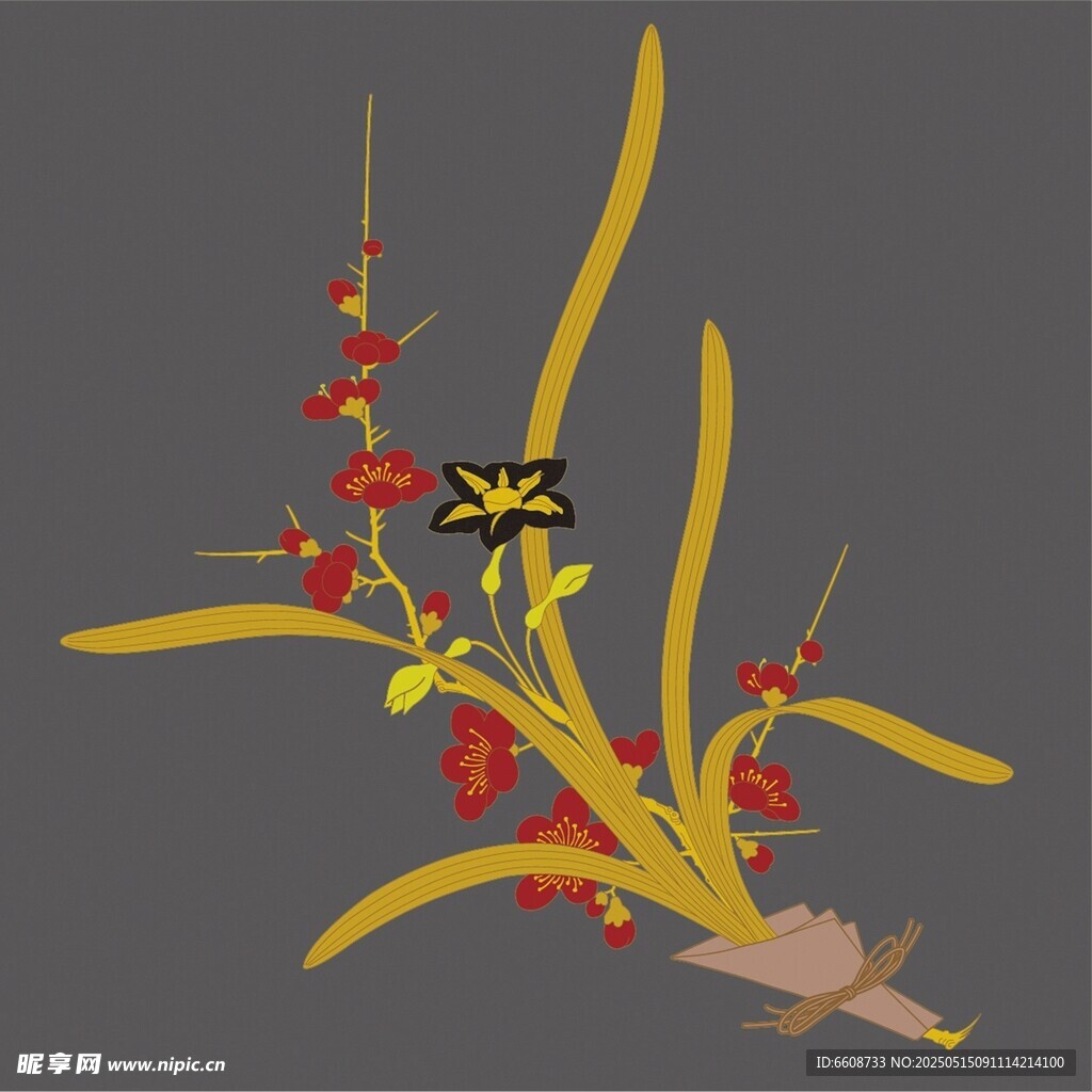 手持黄枝红果插花图