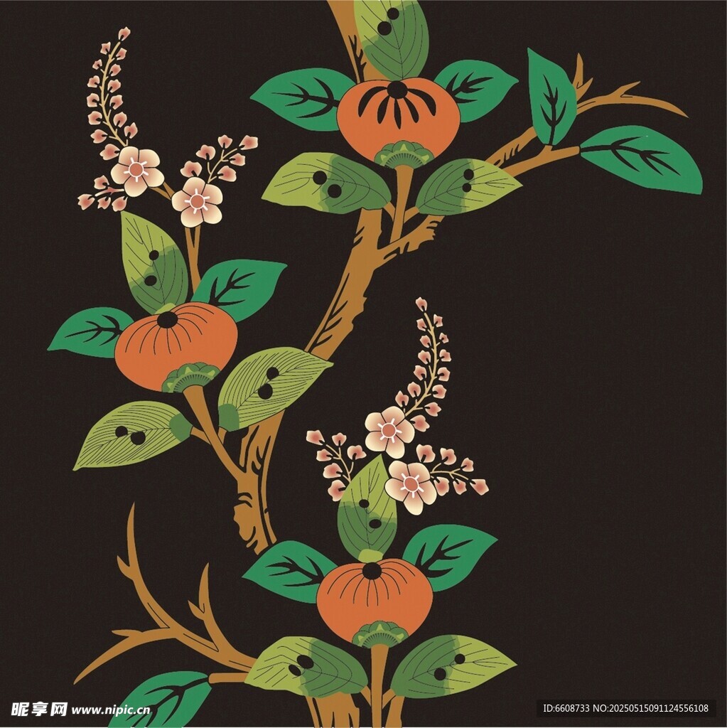 中式手绘柿子花卉图案