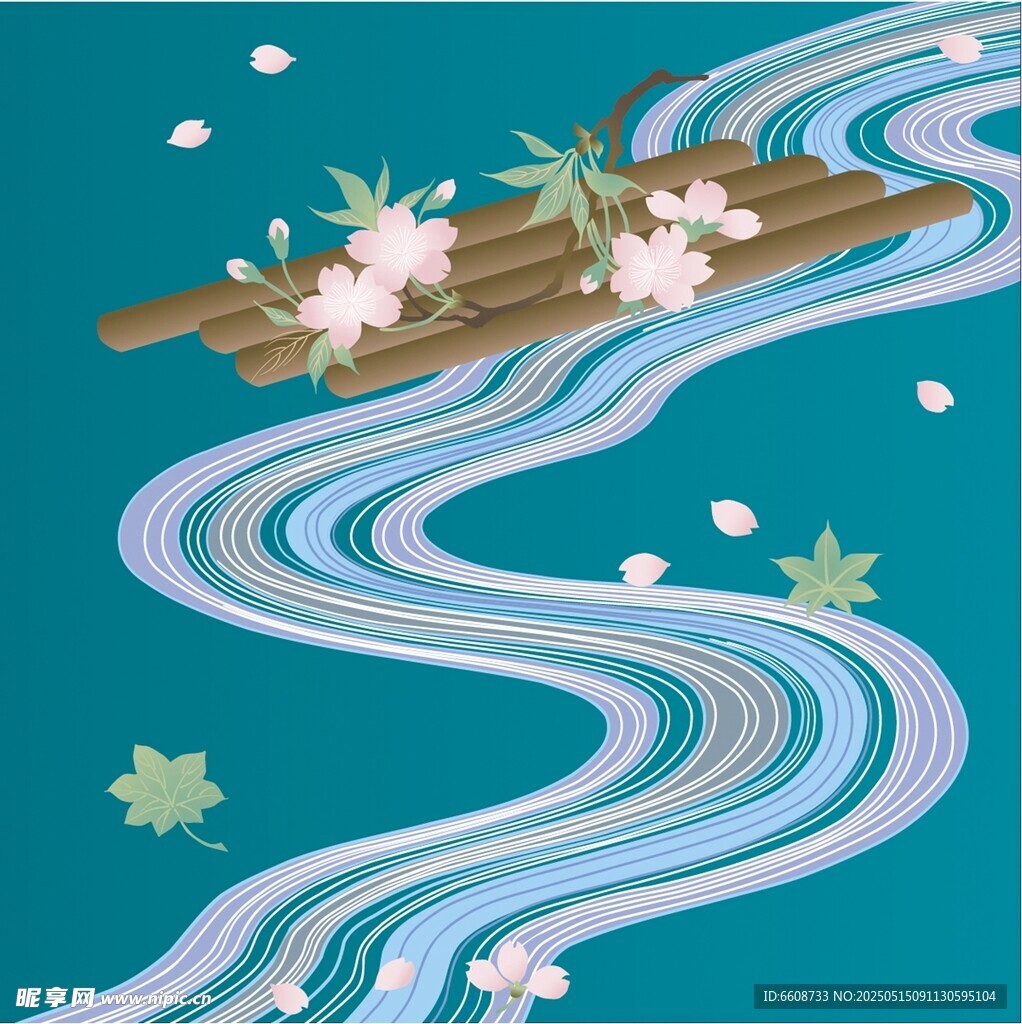 蓝底水波上的漂浮花枝