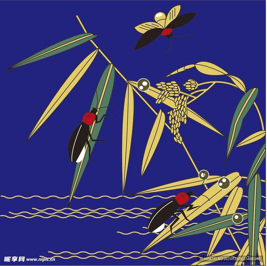 蓝底竹枝飞鸟中式图案