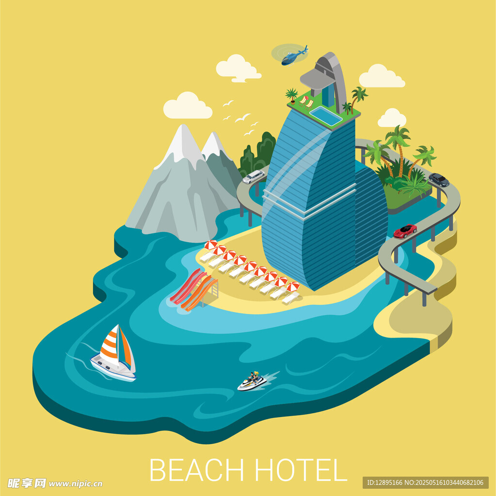 海滨酒店度假场景插画