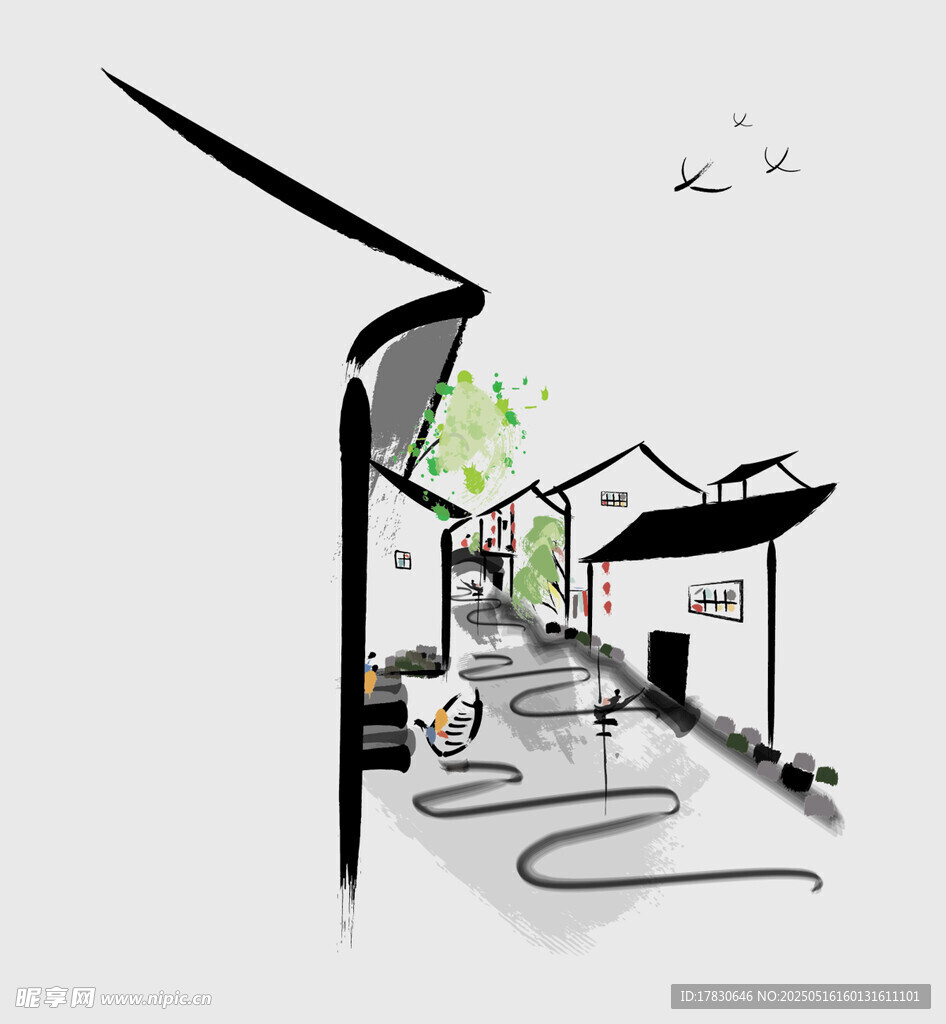 黑白风街道建筑简约插画