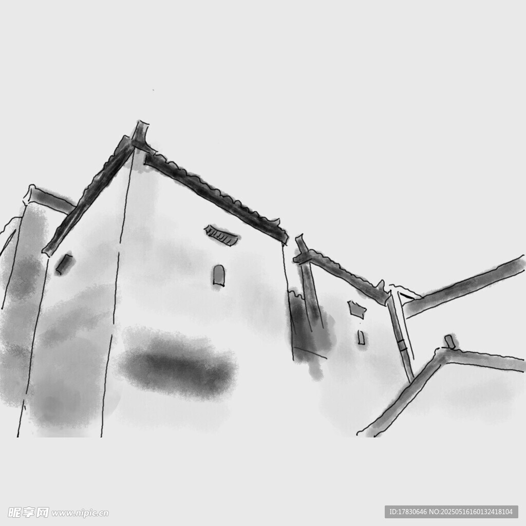 水墨风格古建筑一角