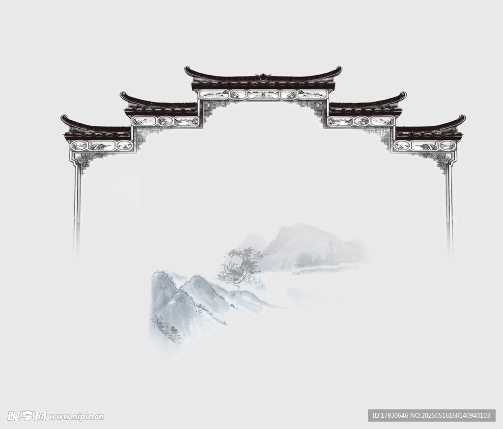 中式古风门楼与远山意境