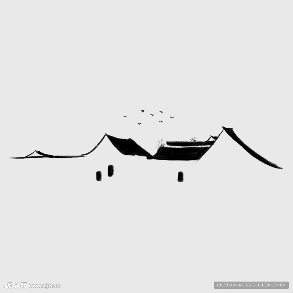水墨风中式屋顶建筑剪影