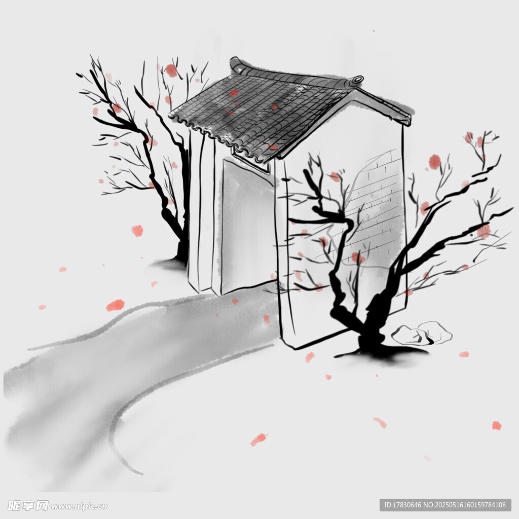水墨风中式小屋庭院景致