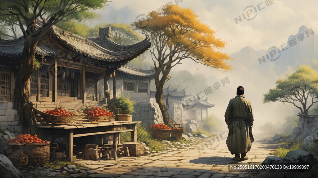 中国风绘画全景图 古代草药堂前