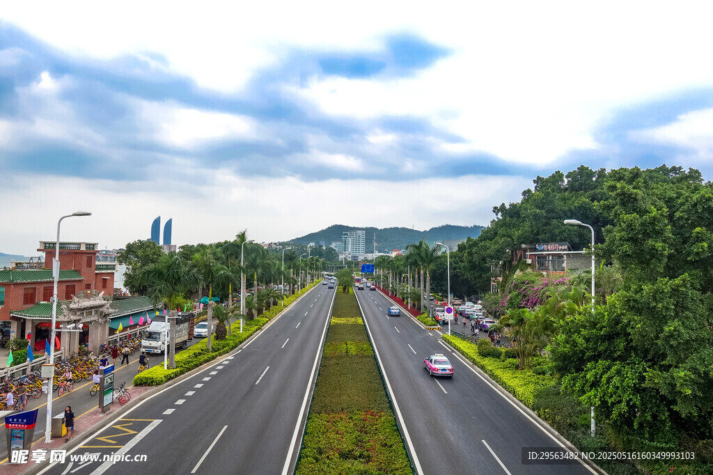 宽阔公路旁绿树环绕风景
