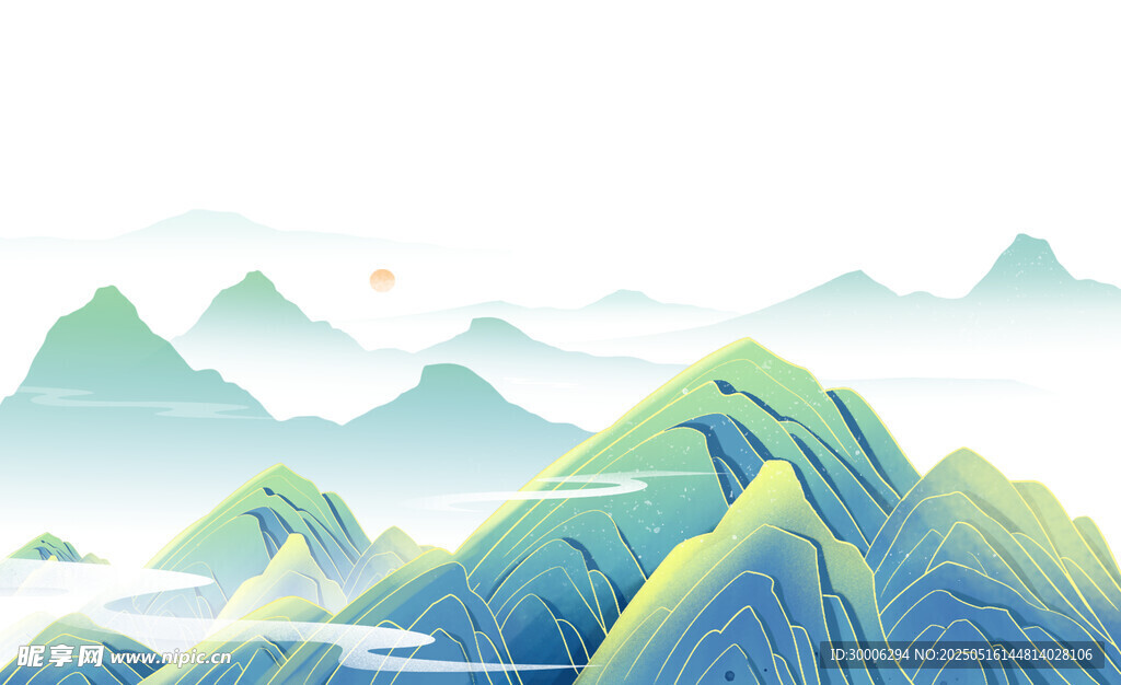 水墨群山间的日出美景