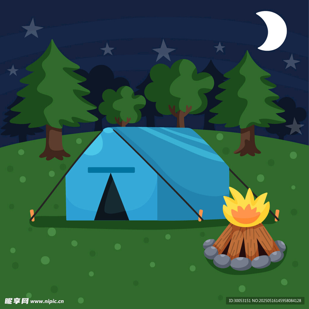 夜晚露营场景插画