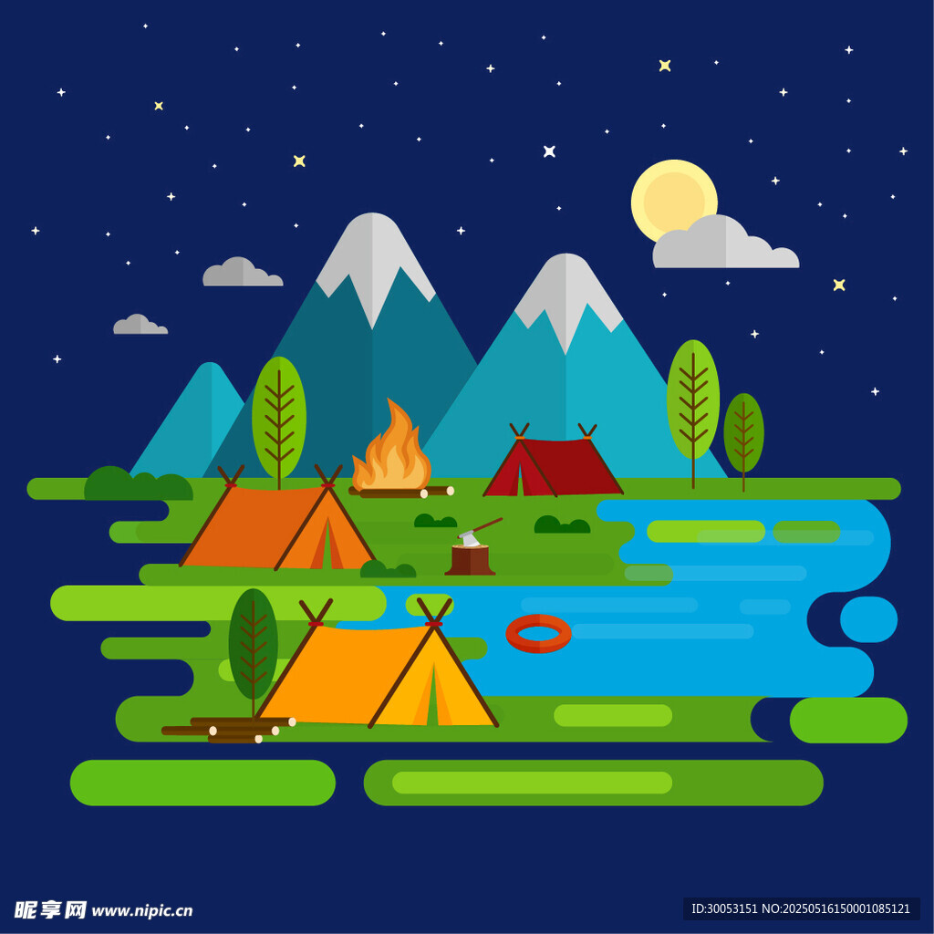 夜晚山间露营美景