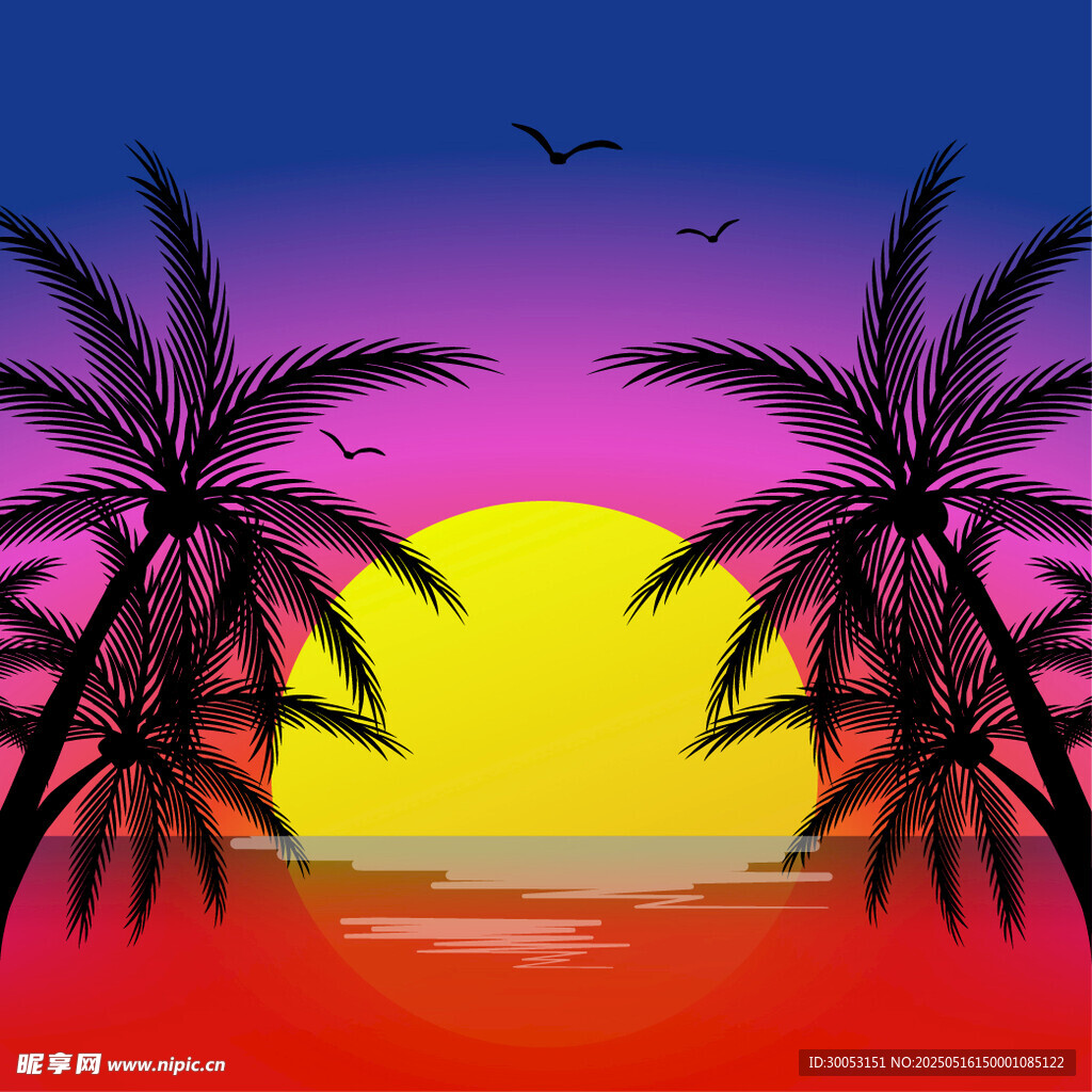 夕阳下的棕榈树海景