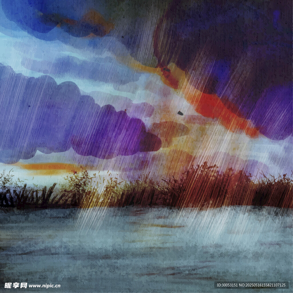梦幻风雨中的自然景观插画