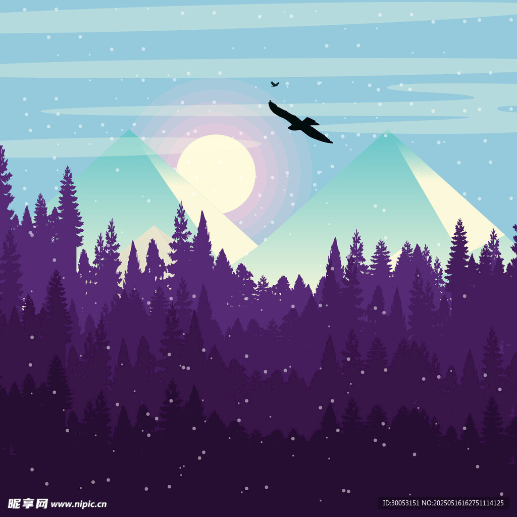 山林月夜飞鸟梦幻景象