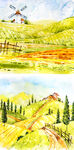 田园风车风景水彩画