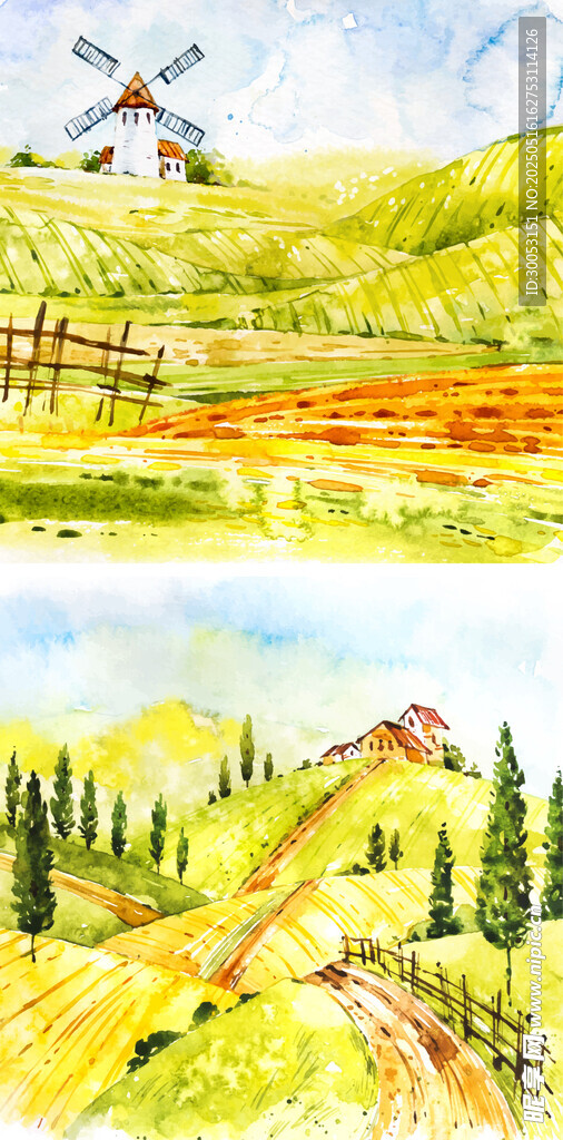 田园风车风景水彩画