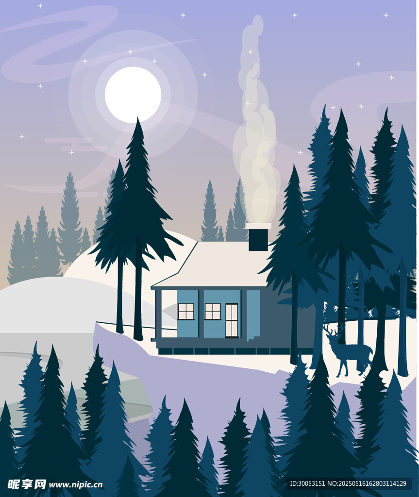 雪夜中的静谧林间小屋