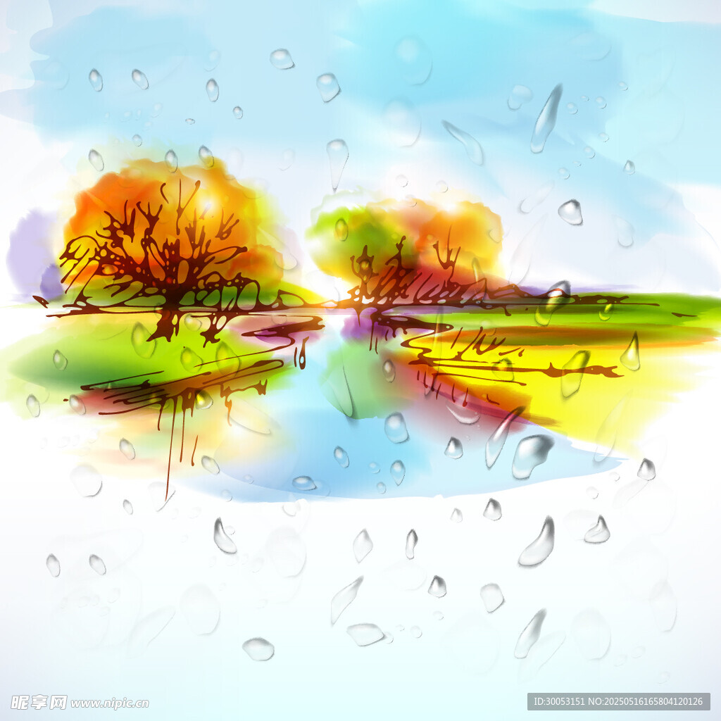 水彩绘雨中美丽自然风景