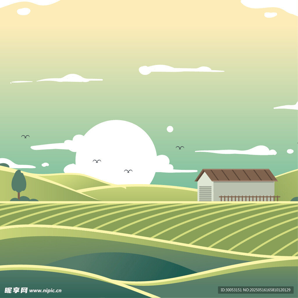 田园风光中的温馨小屋插画