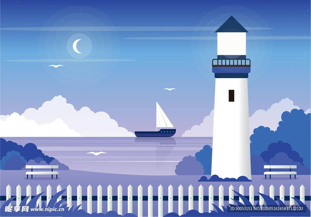海边灯塔夜景与航行船只