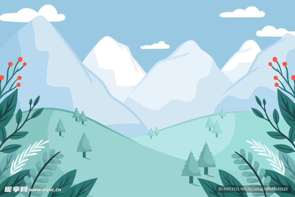 山间绿植与远处雪山美景