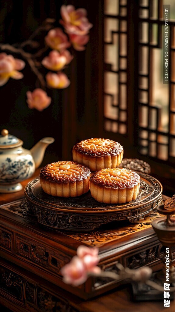 中式传统月饼与茶具组合