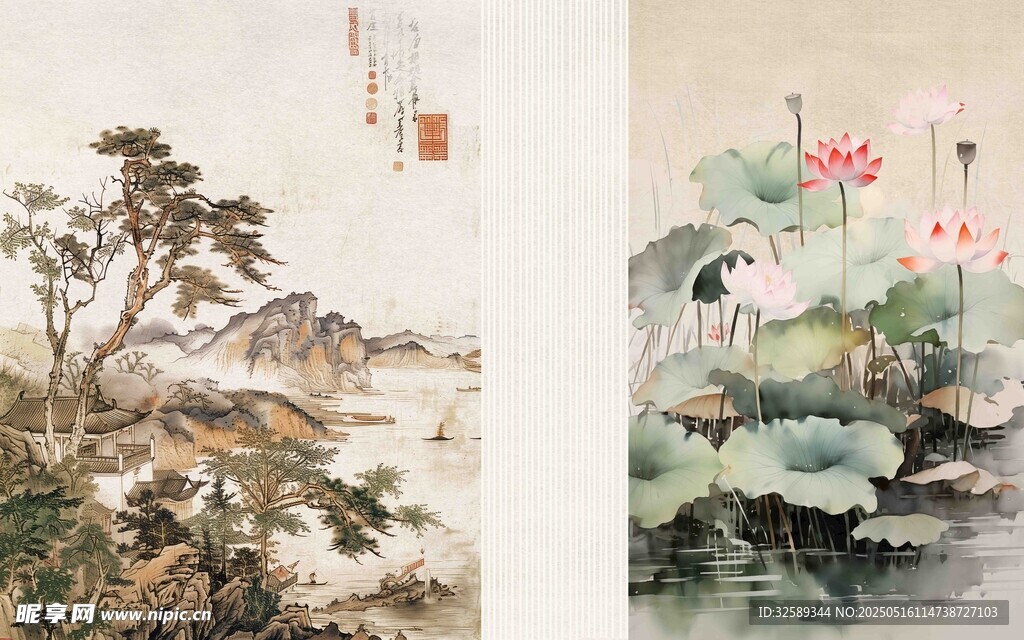 中式山水荷花国画作品