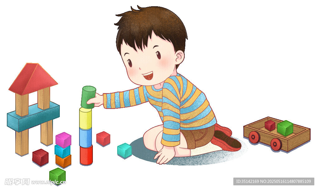 小男孩专注玩积木玩具