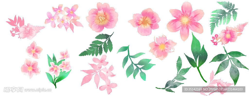 手绘粉色花卉绿植元素