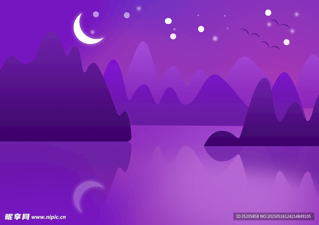 紫色梦幻山水月夜美景