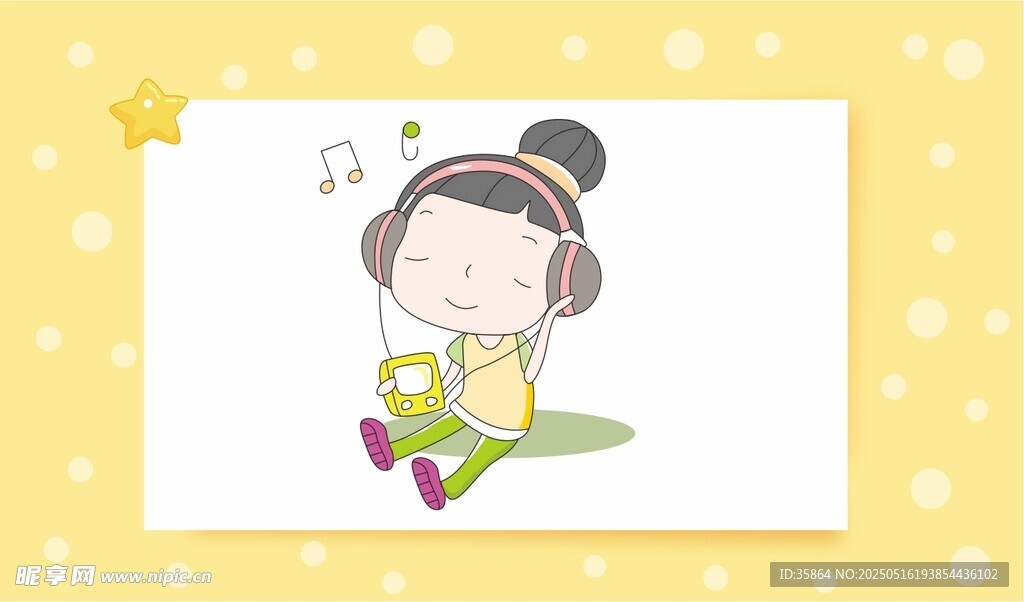 女孩戴耳机惬意听音乐