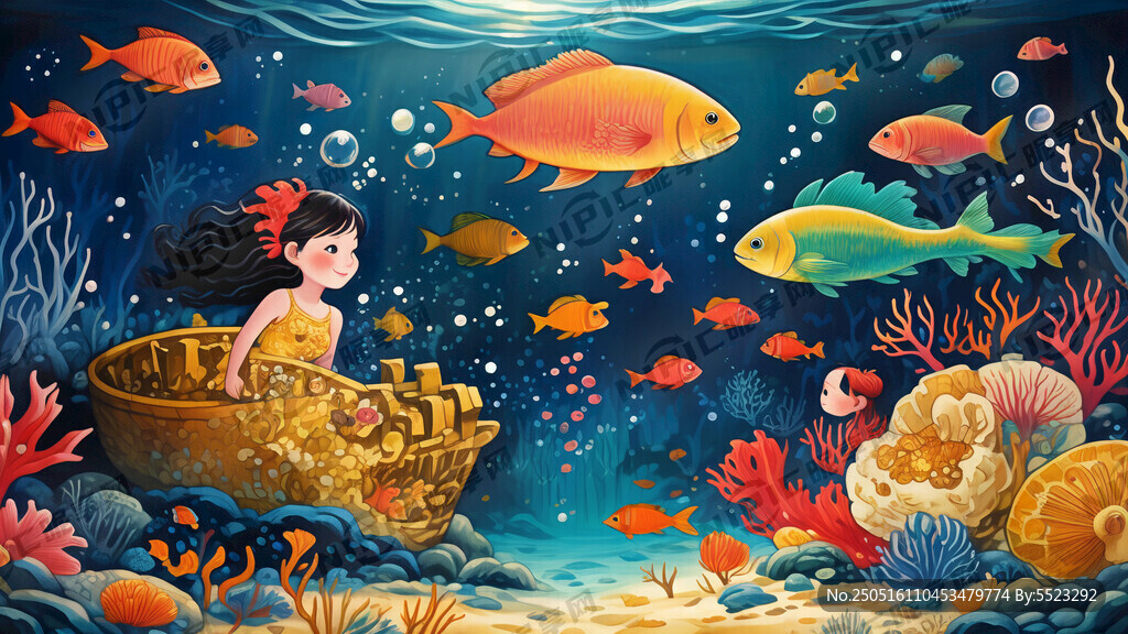 8岁儿童画 海底是沉船 宝藏