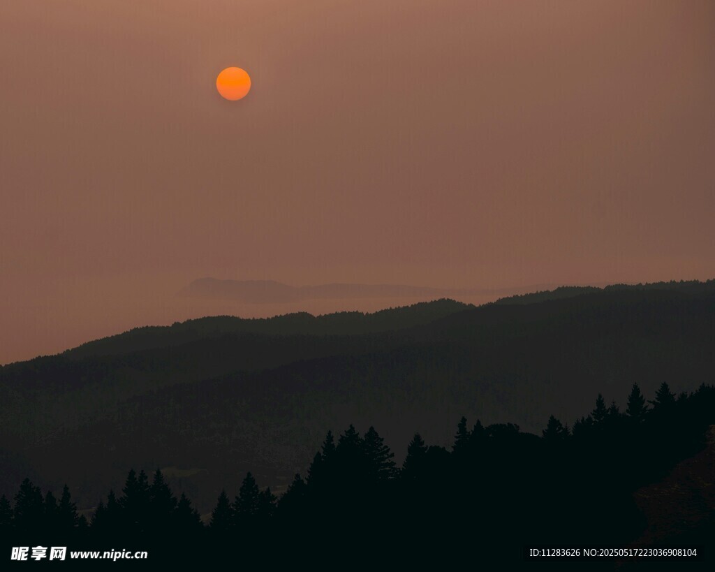 夕阳下的山峦与树林