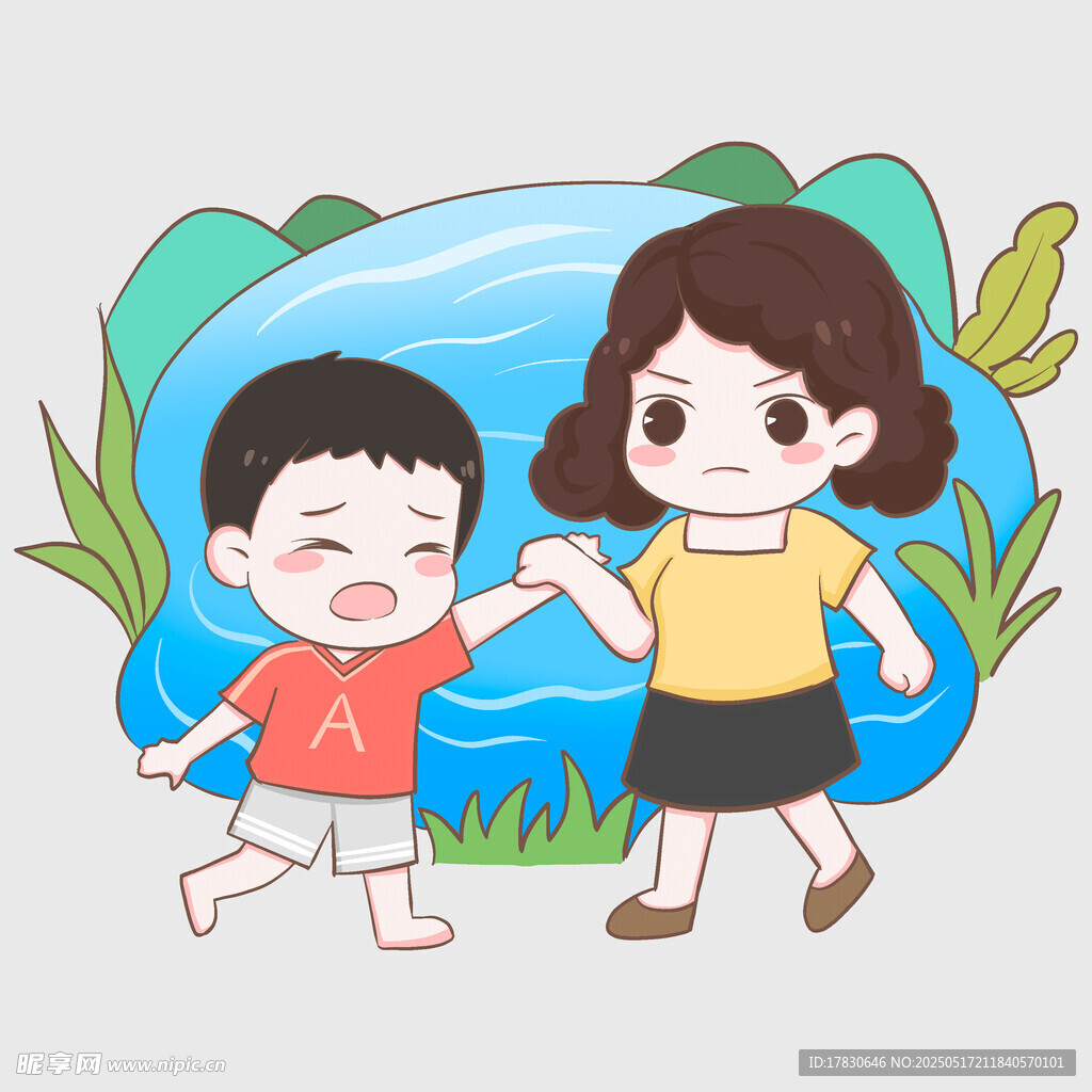 姐姐带弟弟在湖边玩耍