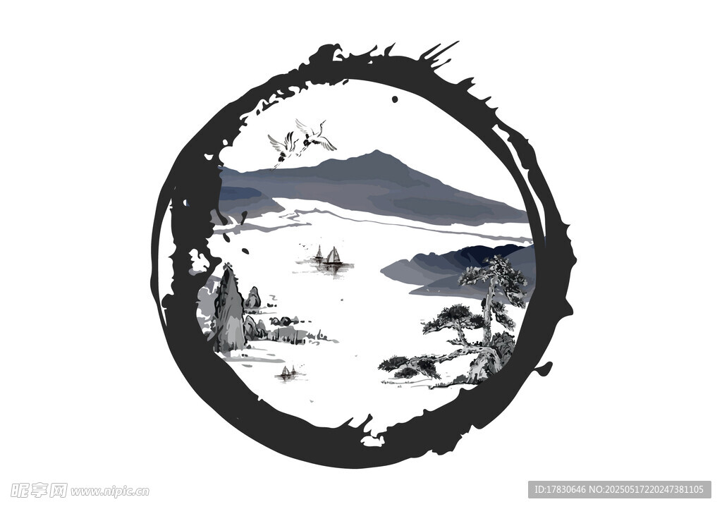 水墨山水圆形意境插画