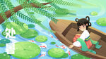 女孩泛舟于绿意盎然池塘