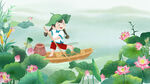 小船中的萌趣小狗赏荷图