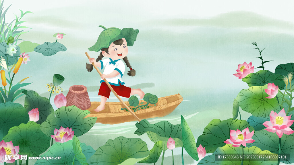 小船中的萌趣小狗赏荷图