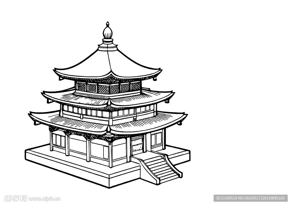 传统中式宝塔建筑线稿