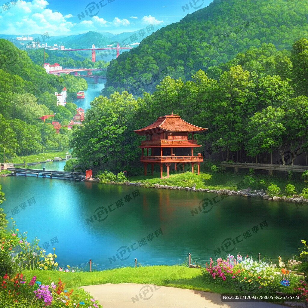 江河背景 楼阁