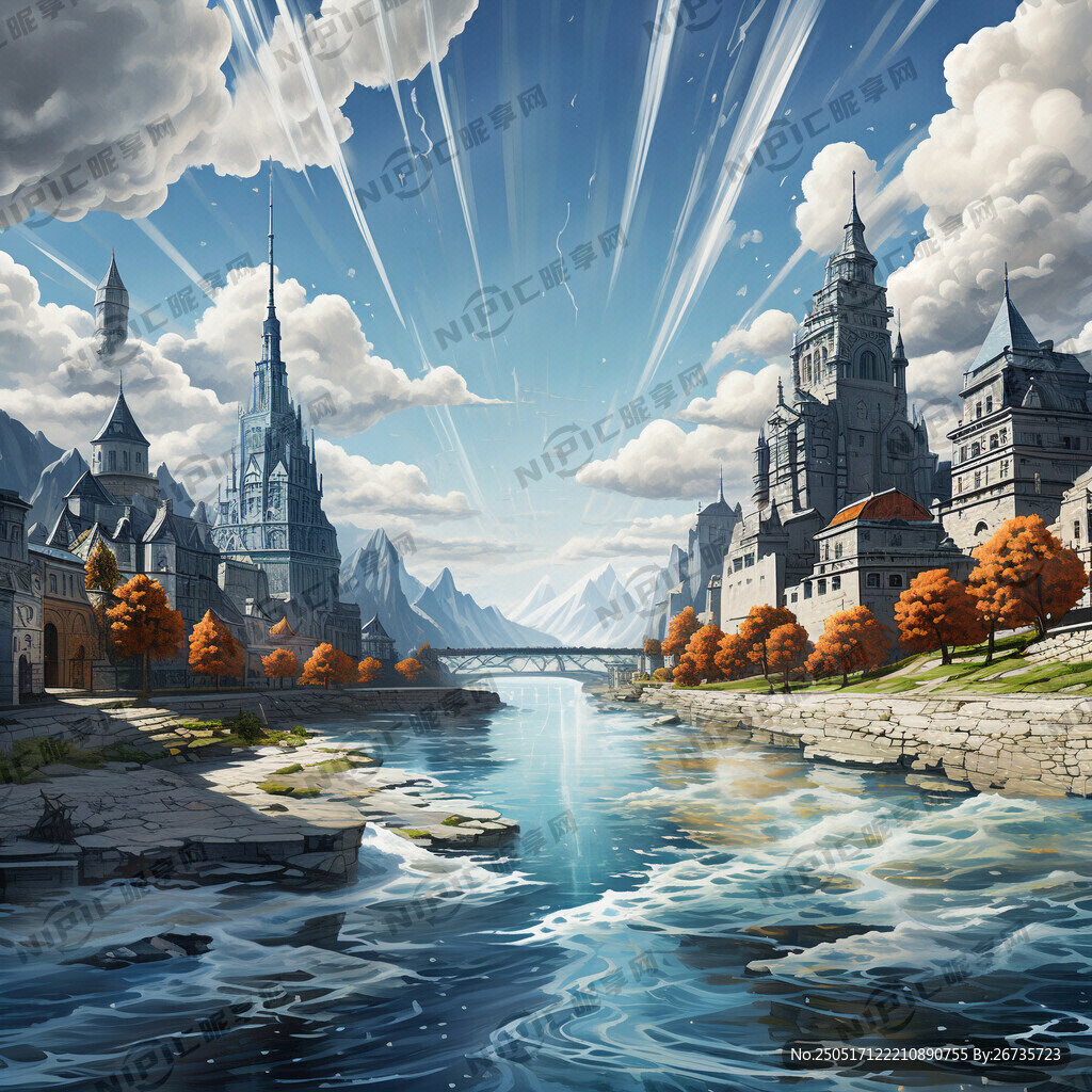 江河背景 楼阁