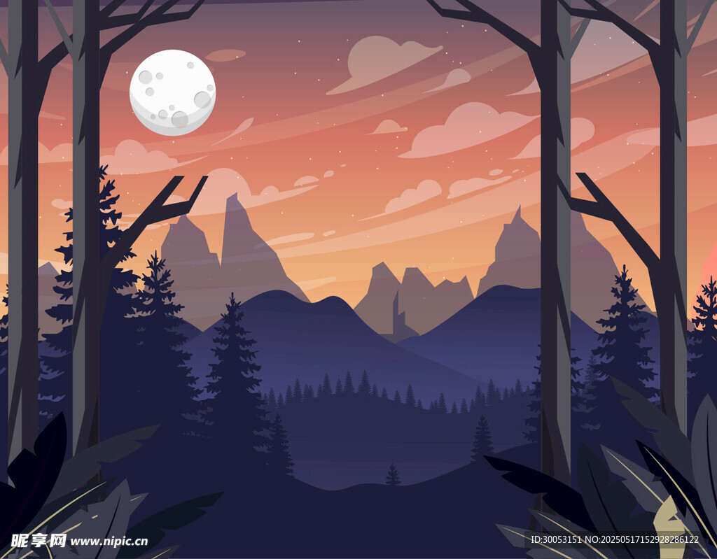 月夜山林美景
