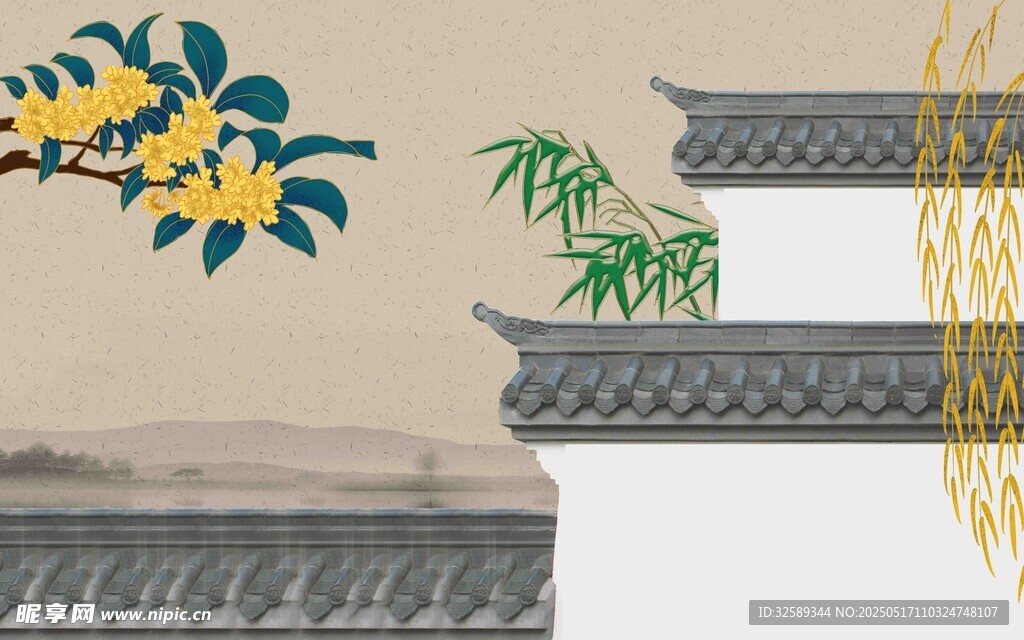 中式屋檐旁的花卉与翠竹