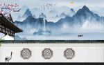 中式山水建筑风景插画