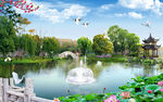 湖畔美景 喷泉楼阁与繁花